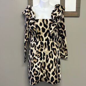 H & M Leopard Print Ruffled Long Sleeves Straight Mini Dress- Medium